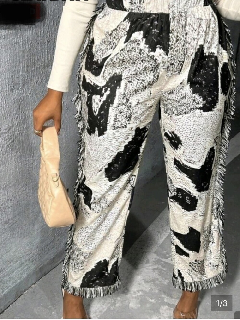 Fringe Trim Pants in Cow Print